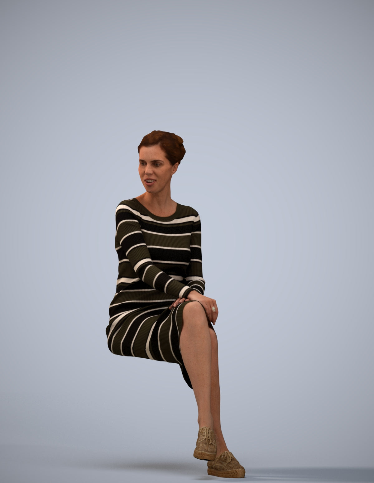 3D scanned woman sitting casual, photorealistic archviz people for Enscape and SketchUp