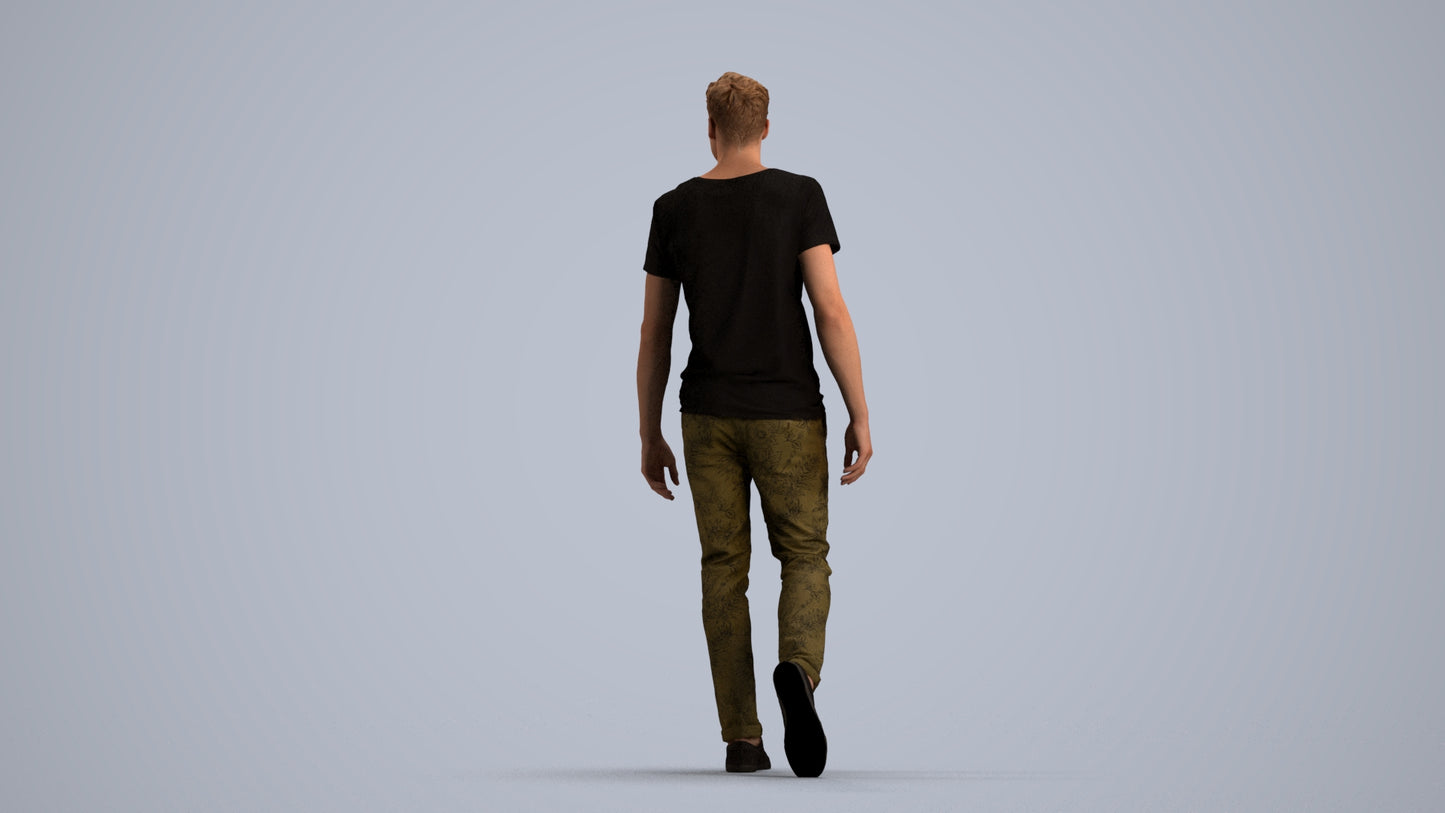 3D human model man casual walking, photogrammetry scanned person for archviz, front view render