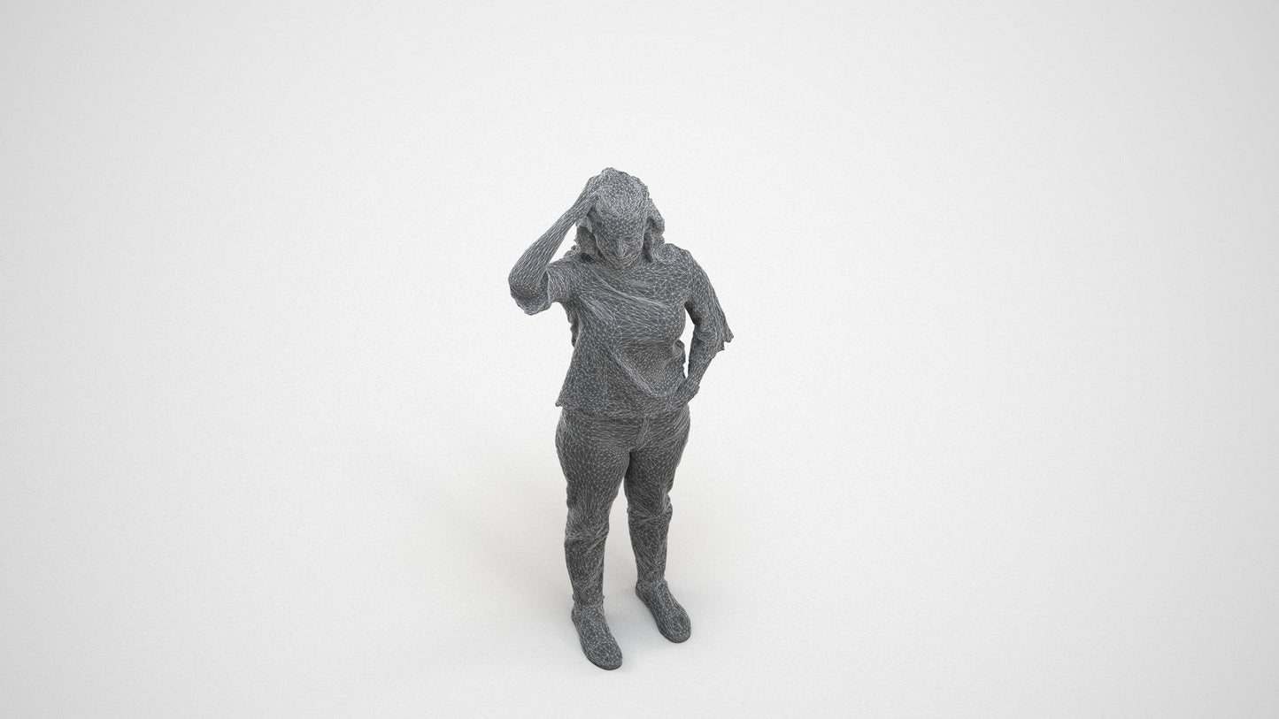 photogrammetry 3D woman casual standing, realistic human model archviz FBX, wireframe three-quarter view