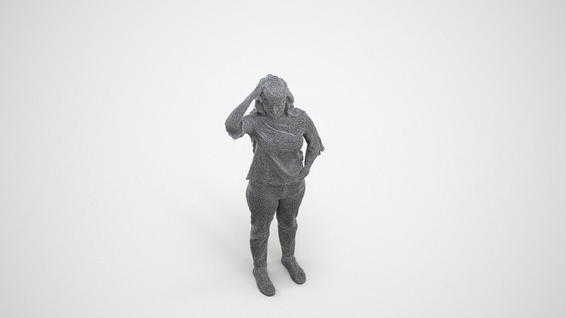 photogrammetry 3D woman casual standing, realistic human model archviz FBX, wireframe three-quarter view