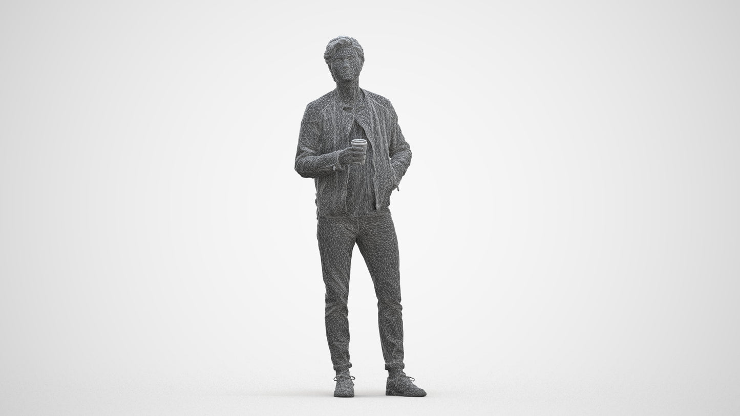 photogrammetry 3D man casual standing, realistic human model archviz FBX, three-quarter front view render