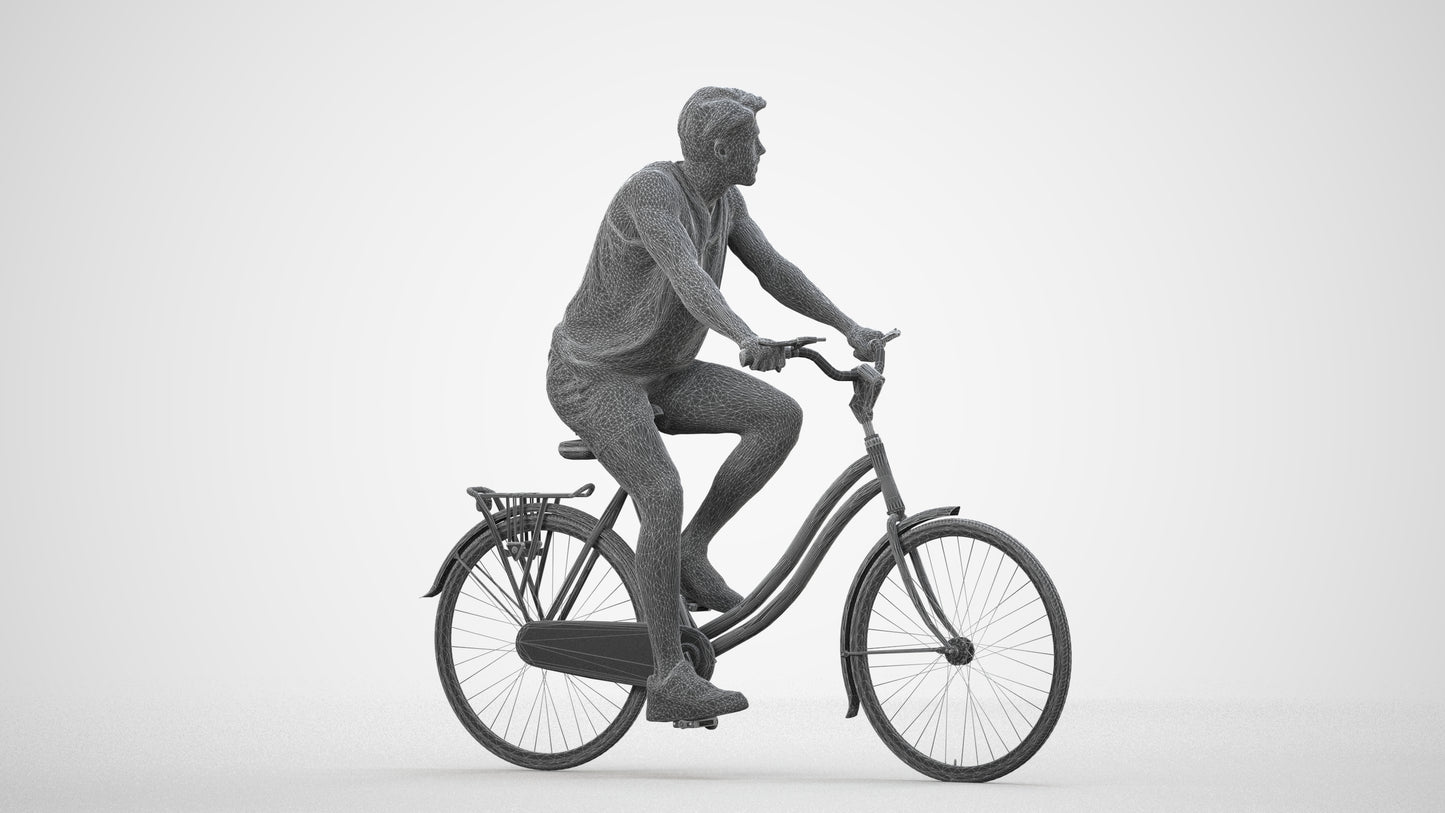 3D scanned man cycling, photorealistic archviz people for Enscape and SketchUp, wireframe side view