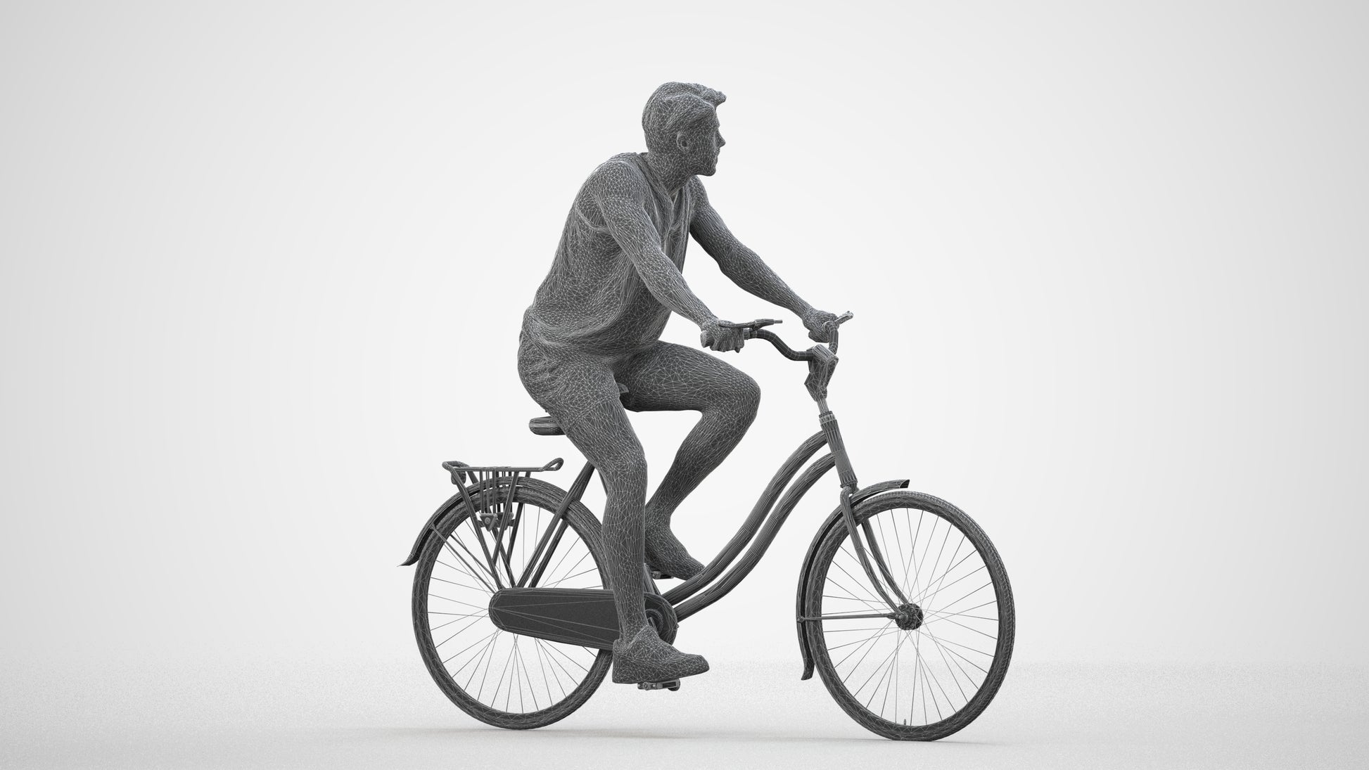3D scanned man cycling, photorealistic archviz people for Enscape and SketchUp, wireframe side view