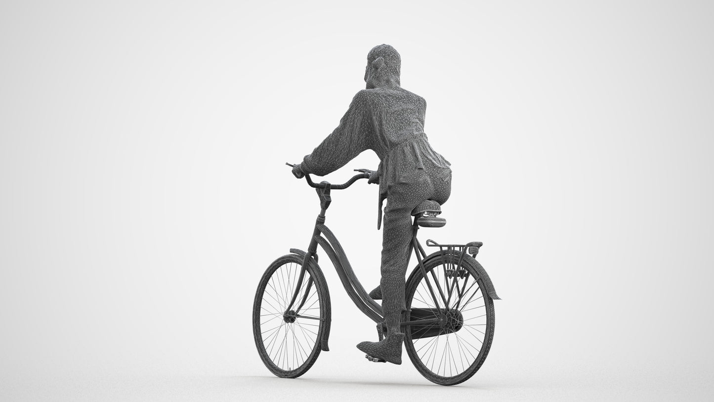 3D human model woman casual cycling, photogrammetry scanned person for archviz, wireframe front view