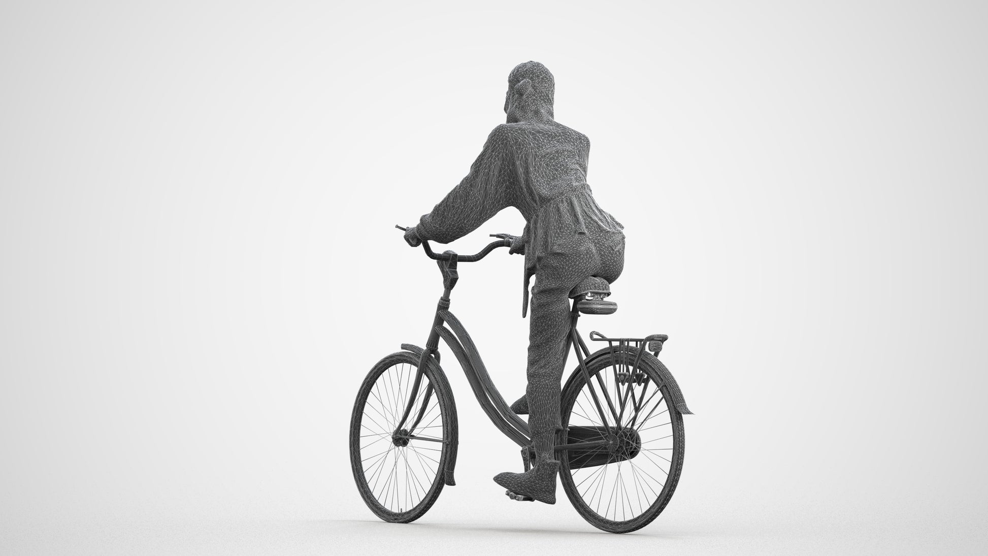 3D human model woman casual cycling, photogrammetry scanned person for archviz, wireframe front view
