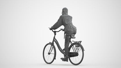 3D human model woman casual cycling, photogrammetry scanned person for archviz, wireframe front view
