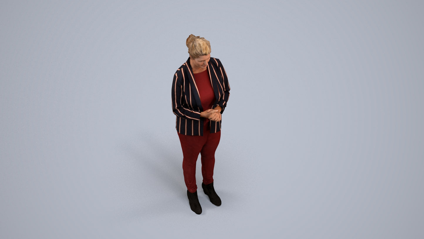 realistic 3D human woman business standing, archviz people FBX OBJ for Blender, back view render