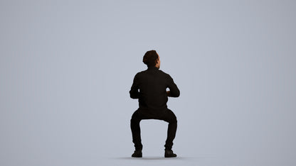 3D human model man casual sitting, photogrammetry scanned person for archviz, front view render