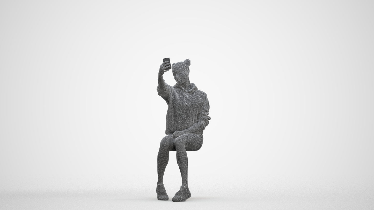 scanned 3D woman casual sitting, photogrammetry people for Enscape and V-Ray, three-quarter front view render
