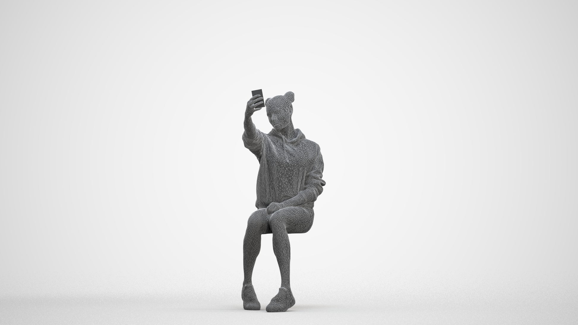 scanned 3D woman casual sitting, photogrammetry people for Enscape and V-Ray, three-quarter front view render