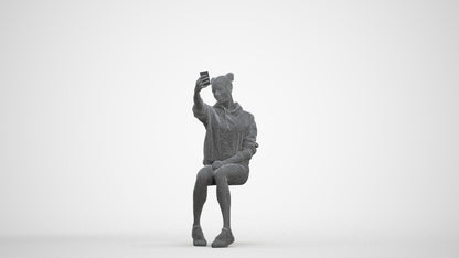 scanned 3D woman casual sitting, photogrammetry people for Enscape and V-Ray, three-quarter front view render