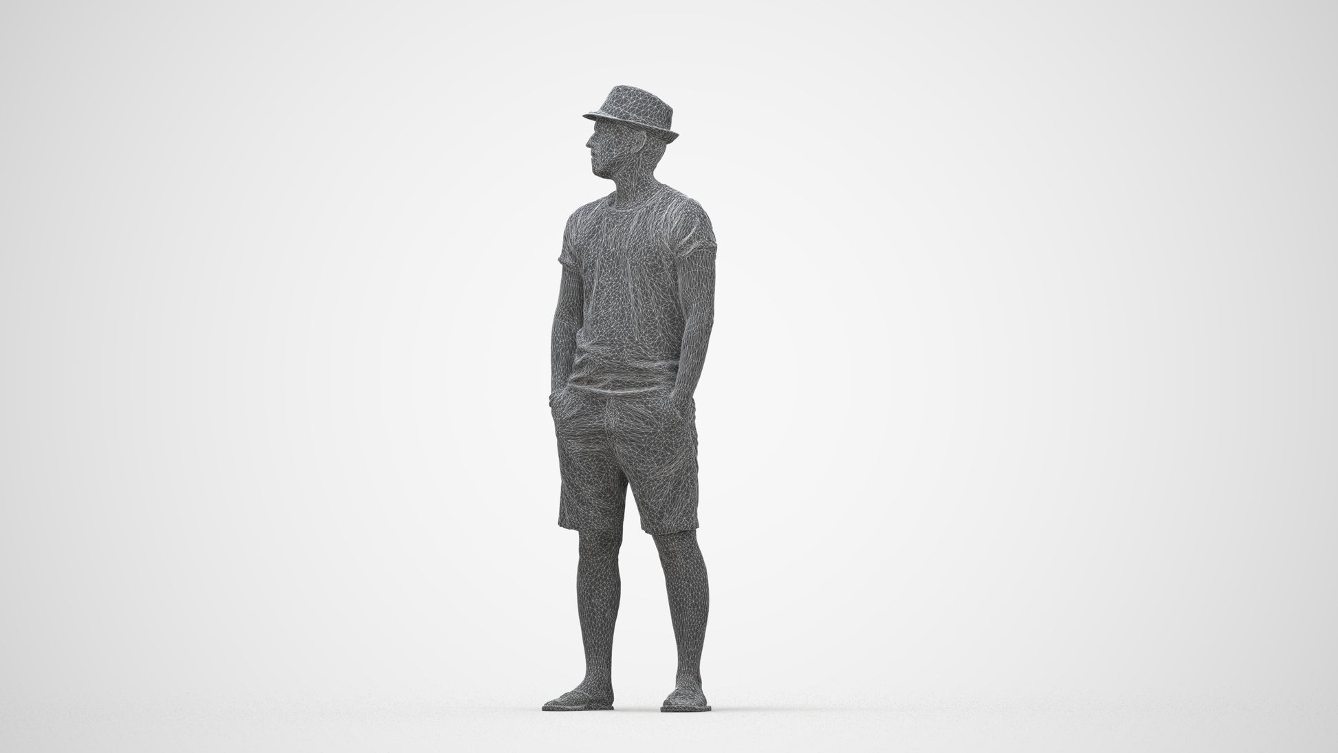 3D scanned man standing casual, photorealistic archviz people for Enscape and SketchUp, wireframe back view