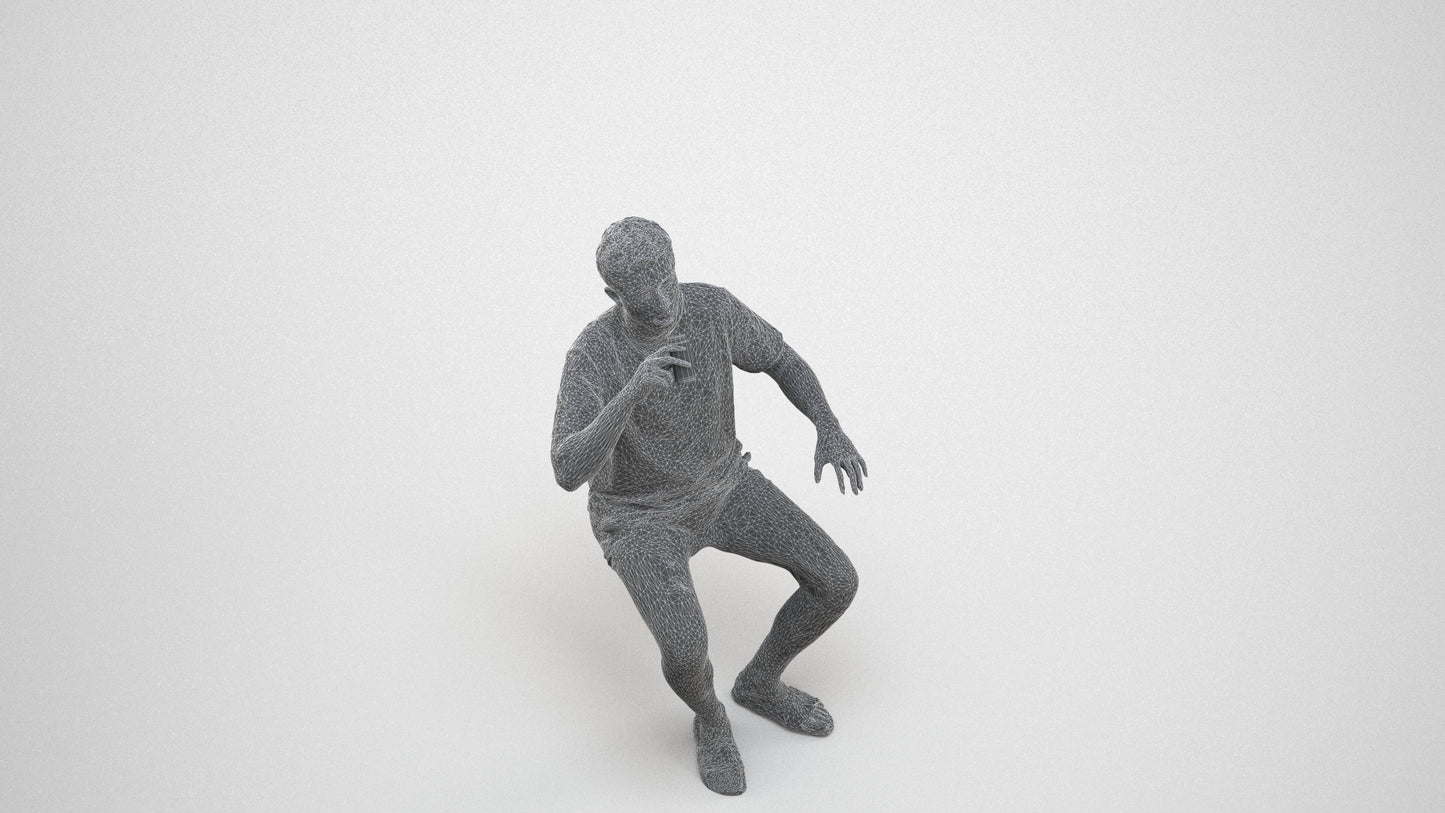 3D scanned man sitting casual, photorealistic archviz people for Enscape and SketchUp, wireframe three-quarter view