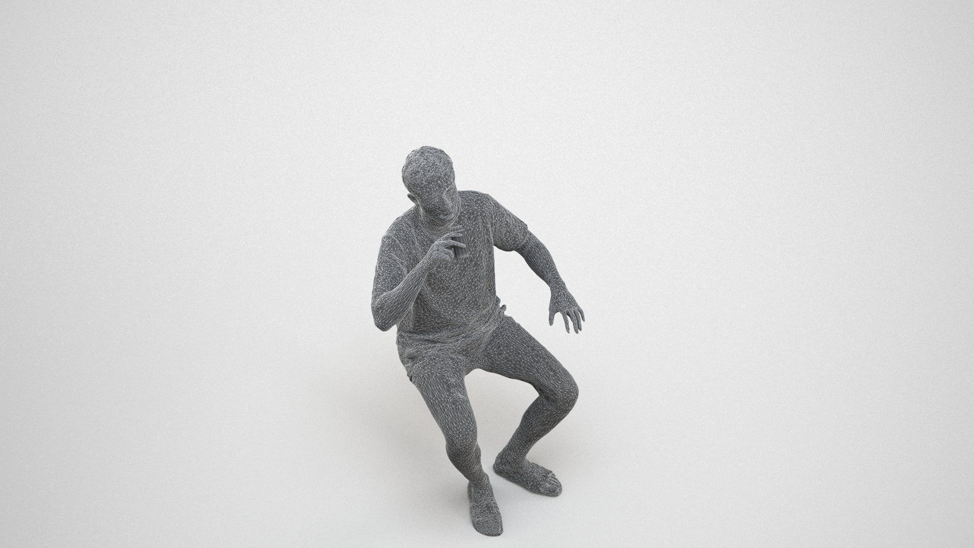 3D scanned man sitting casual, photorealistic archviz people for Enscape and SketchUp, wireframe three-quarter view