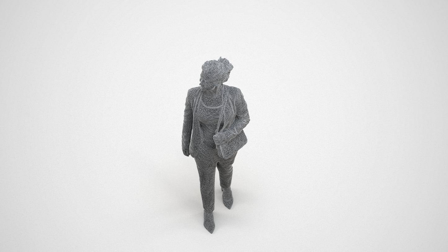 3D human model woman business walking, photogrammetry scanned person for archviz, wireframe three-quarter view