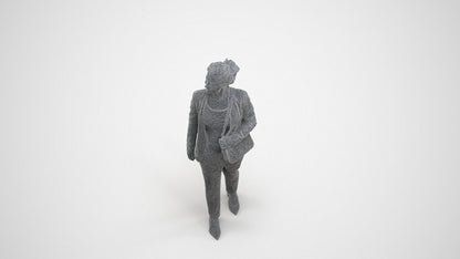 3D human model woman business walking, photogrammetry scanned person for archviz, wireframe three-quarter view