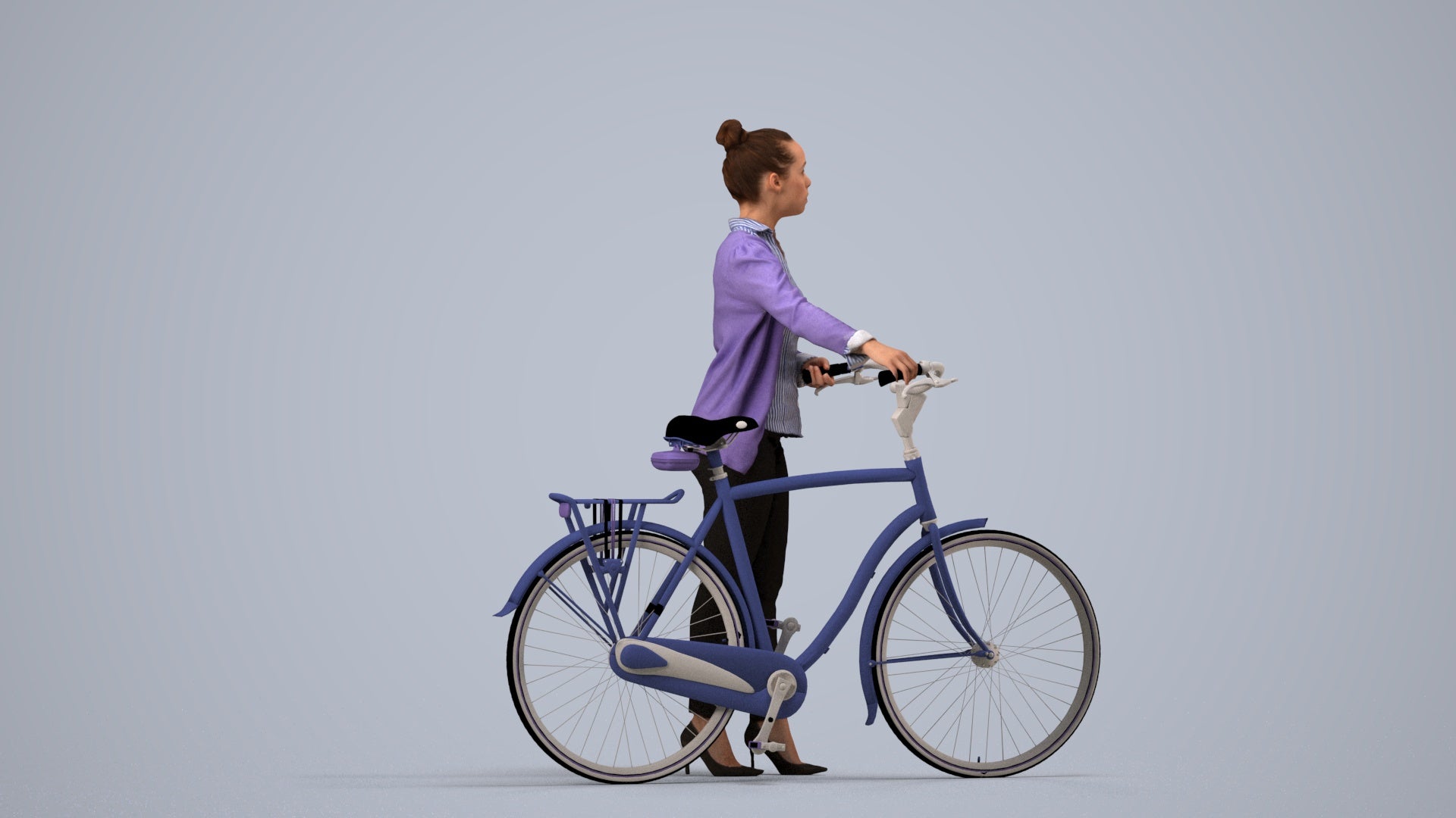 3D people model woman business cycling, scanned human for 3ds Max rendering, side view render