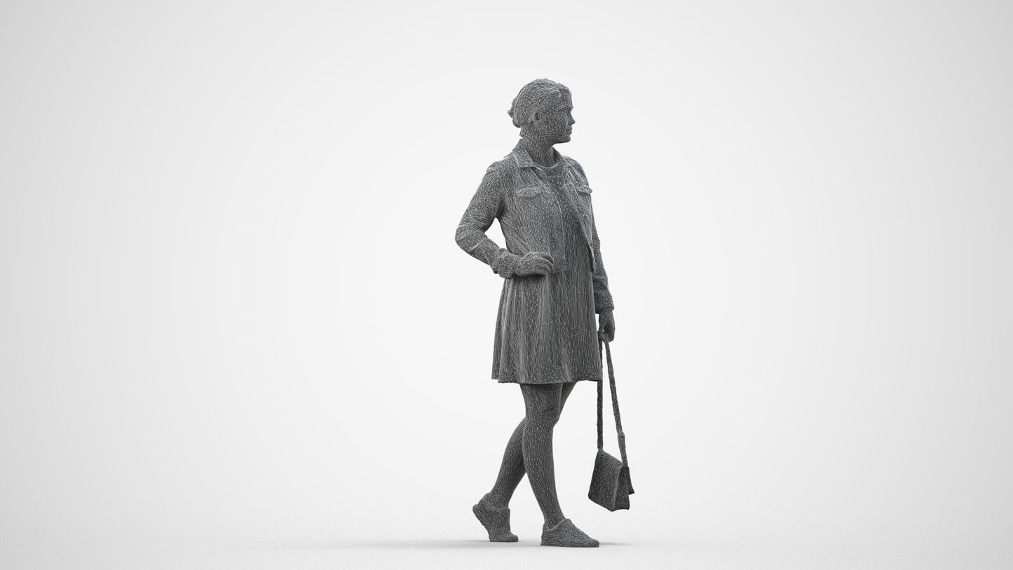 3D human model woman casual walking, photogrammetry scanned person for archviz, wireframe side view