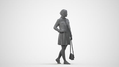 3D human model woman casual walking, photogrammetry scanned person for archviz, wireframe side view