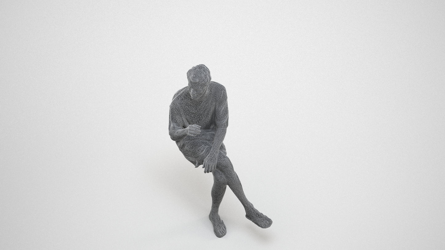 realistic 3D man casual sitting, scanned archviz people for Blender and 3ds Max, wireframe three-quarter view