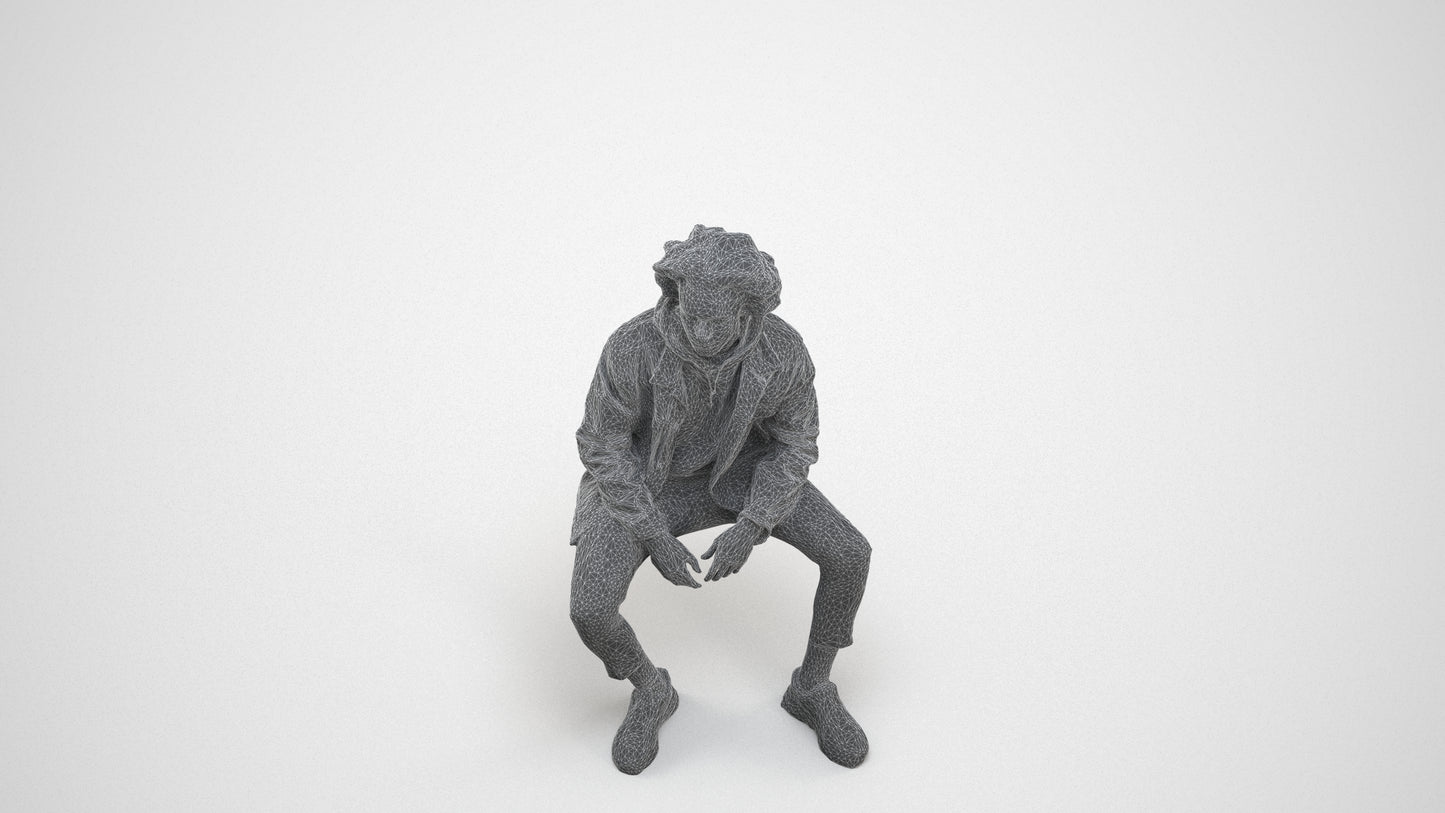 realistic 3D man casual sitting, scanned archviz people for Blender and 3ds Max, wireframe three-quarter view