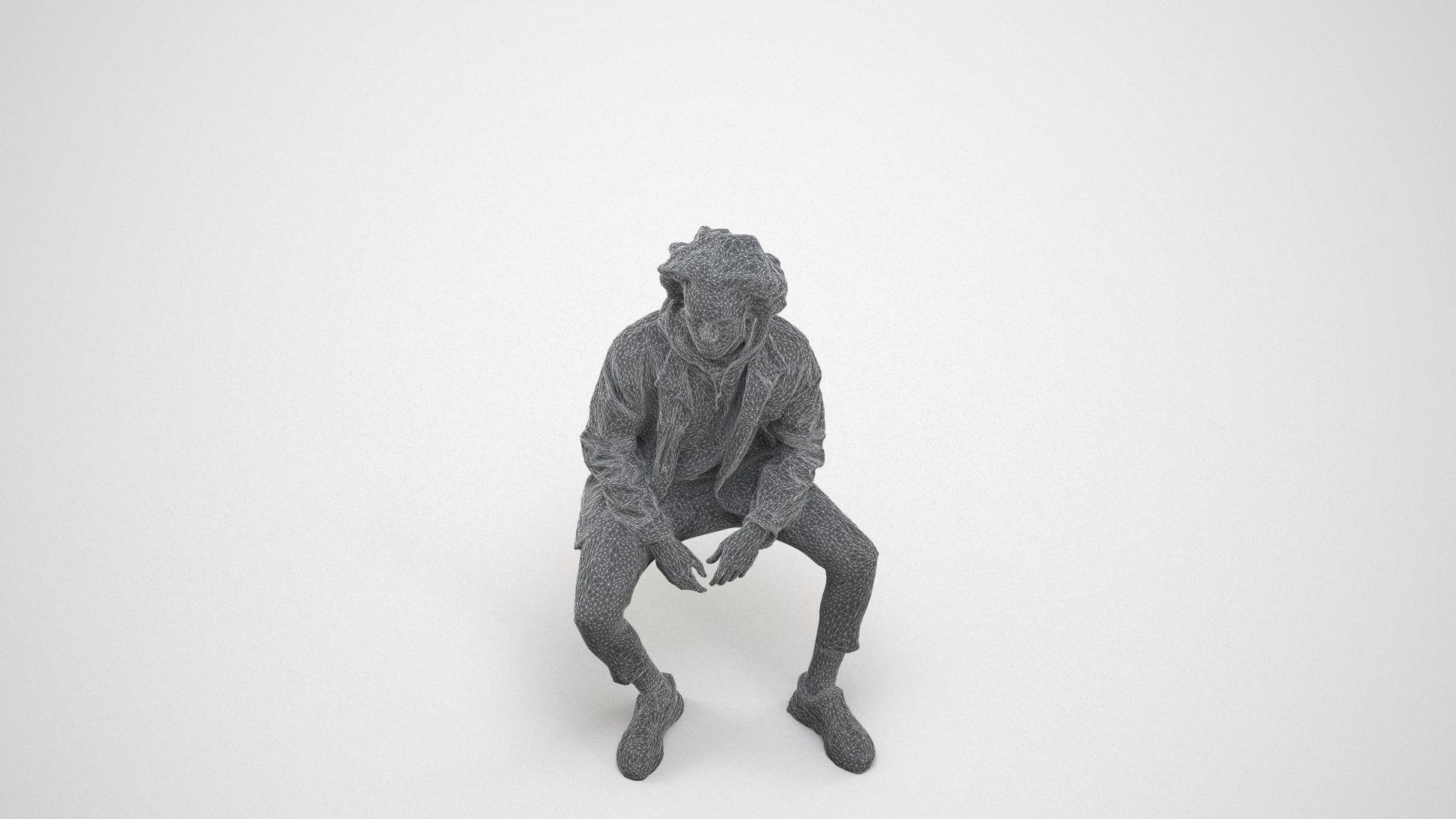 realistic 3D man casual sitting, scanned archviz people for Blender and 3ds Max, wireframe three-quarter view