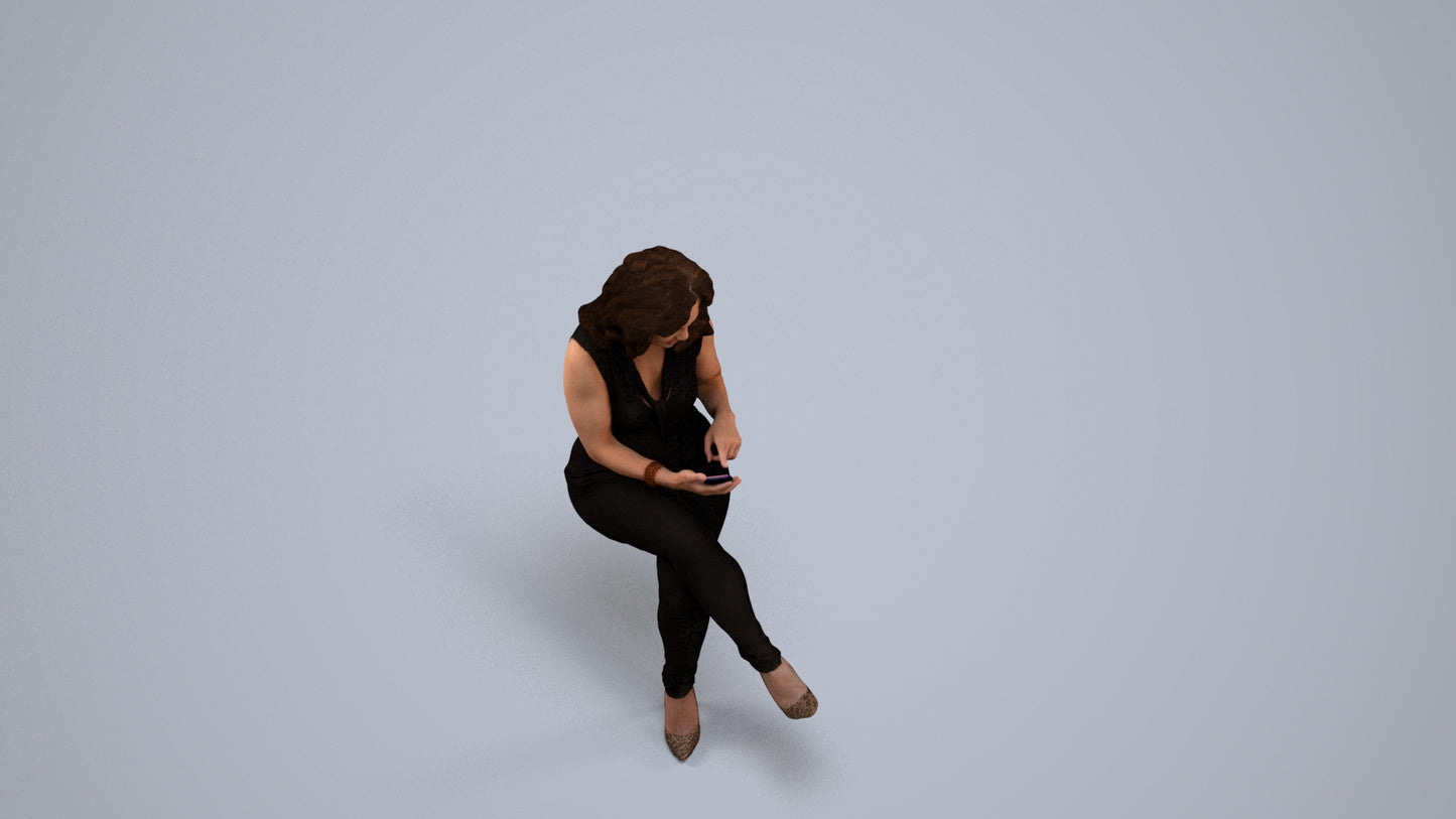 photogrammetry 3D woman casual sitting, realistic human model archviz FBX, back view render