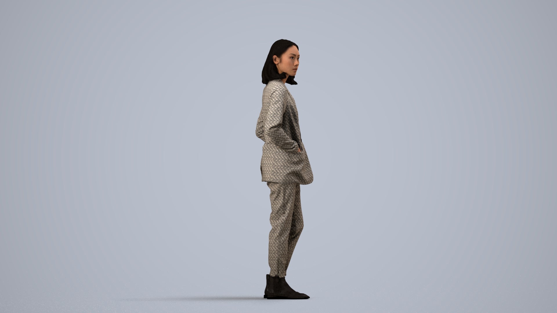 3D people model woman business, scanned human for 3ds Max rendering, side view render
