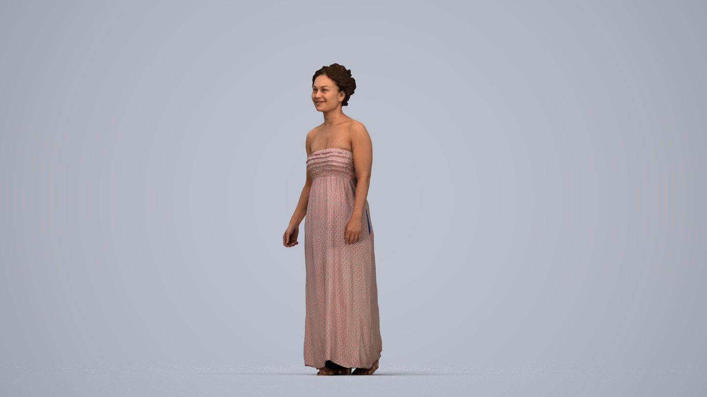 3D human model woman casual standing, photogrammetry scanned person for archviz, top-down view render