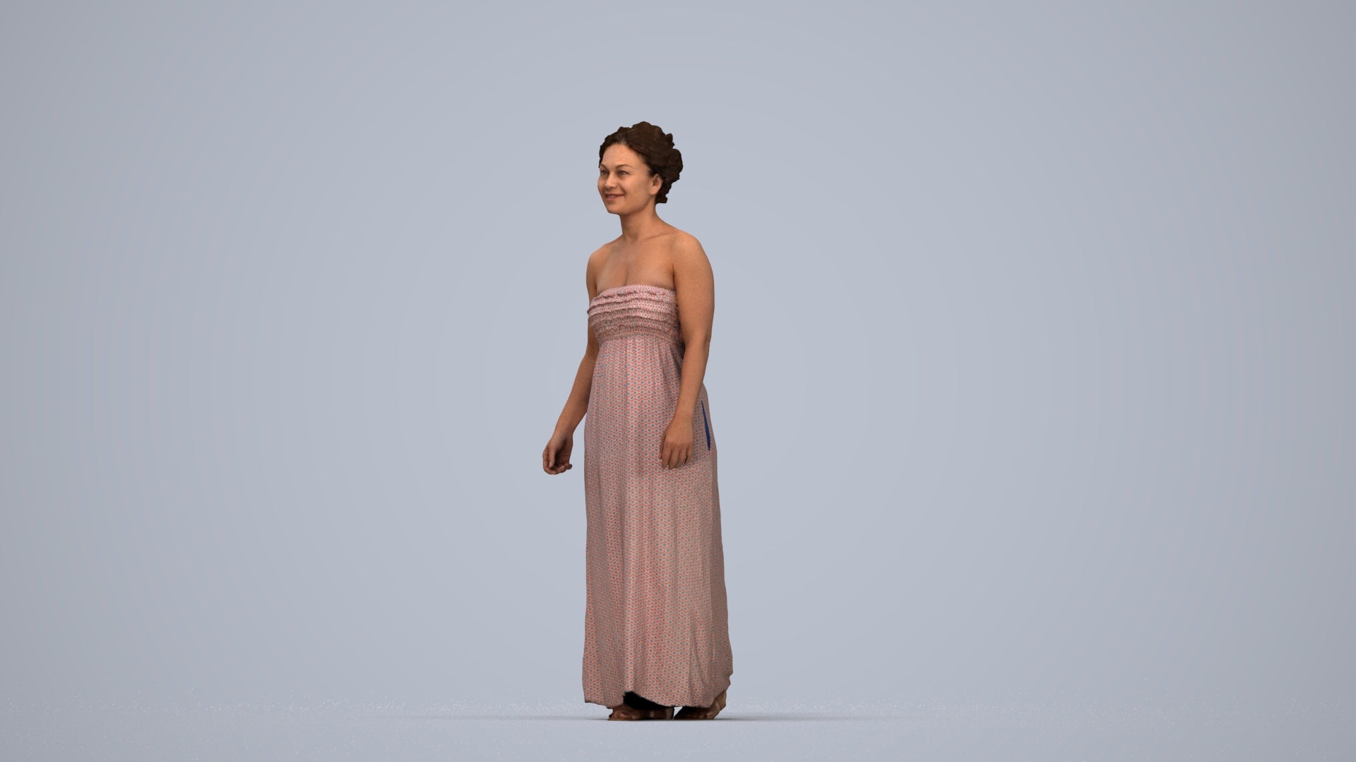 3D human model woman casual standing, photogrammetry scanned person for archviz, top-down view render