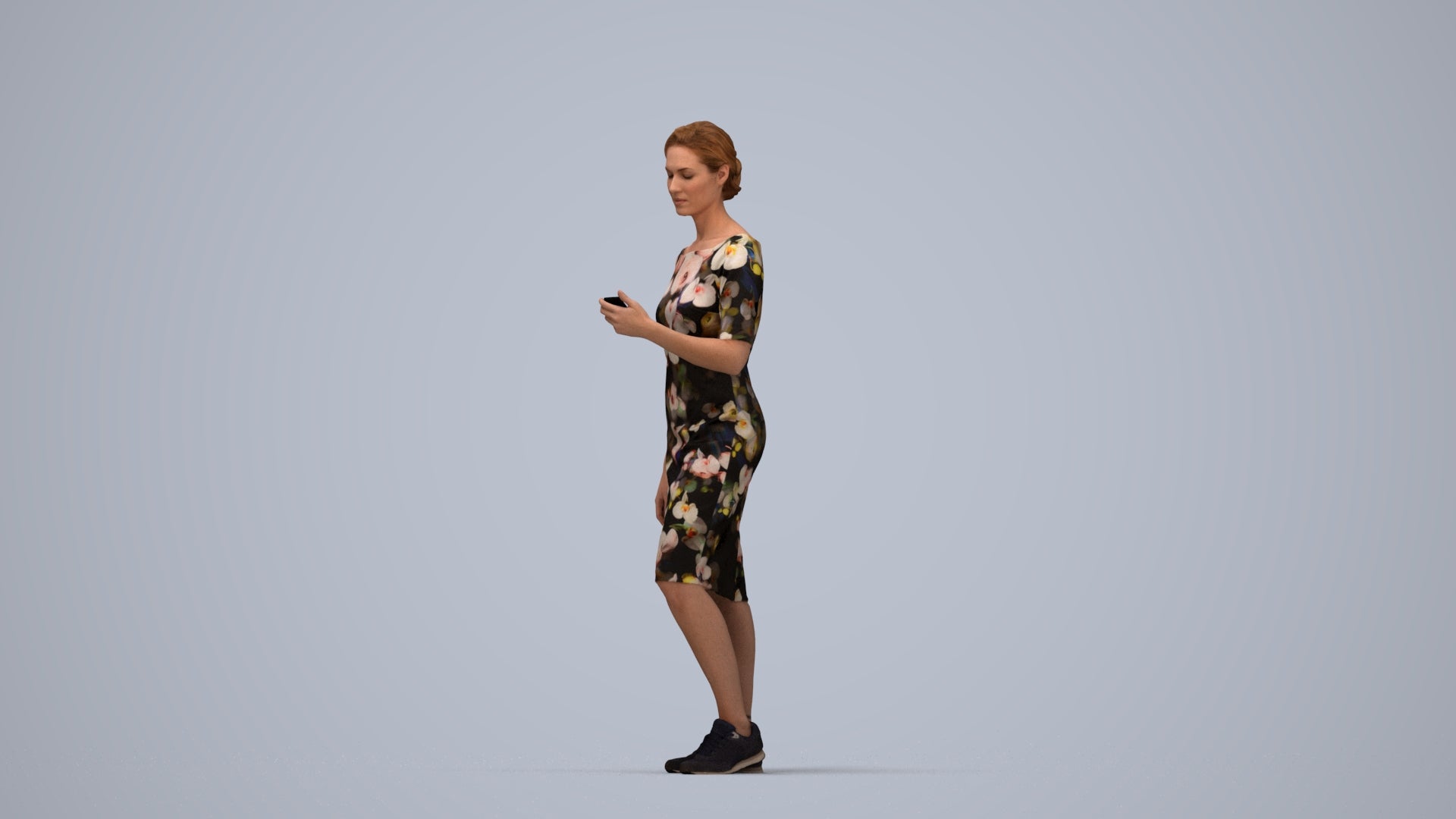 3D people model woman casual standing, scanned human for 3ds Max rendering, top-down view render