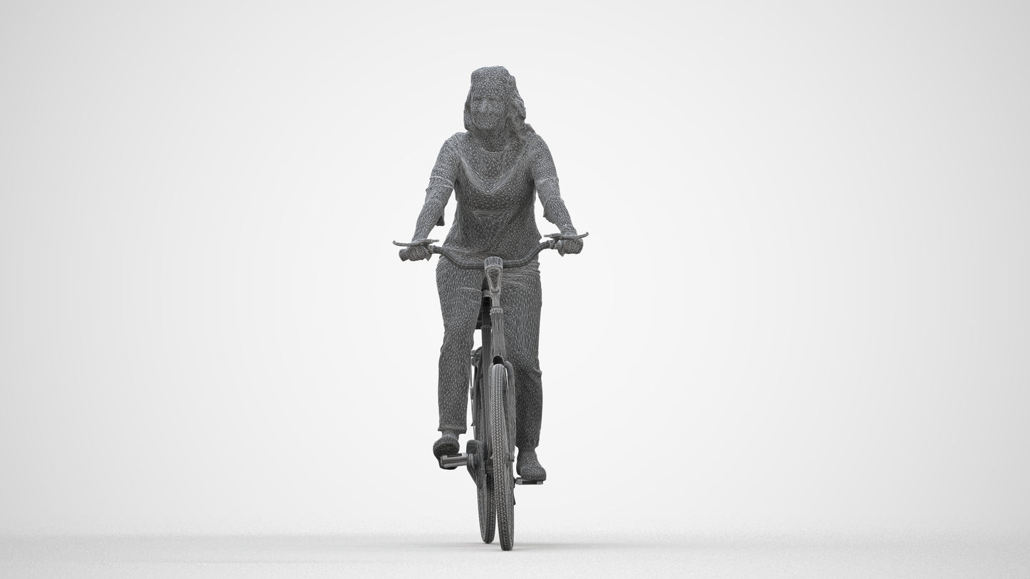 scanned 3D woman casual cycling, photogrammetry people for Enscape and V-Ray, wireframe back view