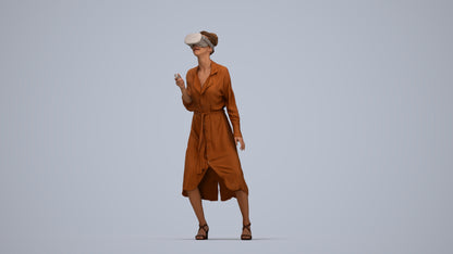 3D human model woman casual standing, photogrammetry scanned person for archviz, top-down view render