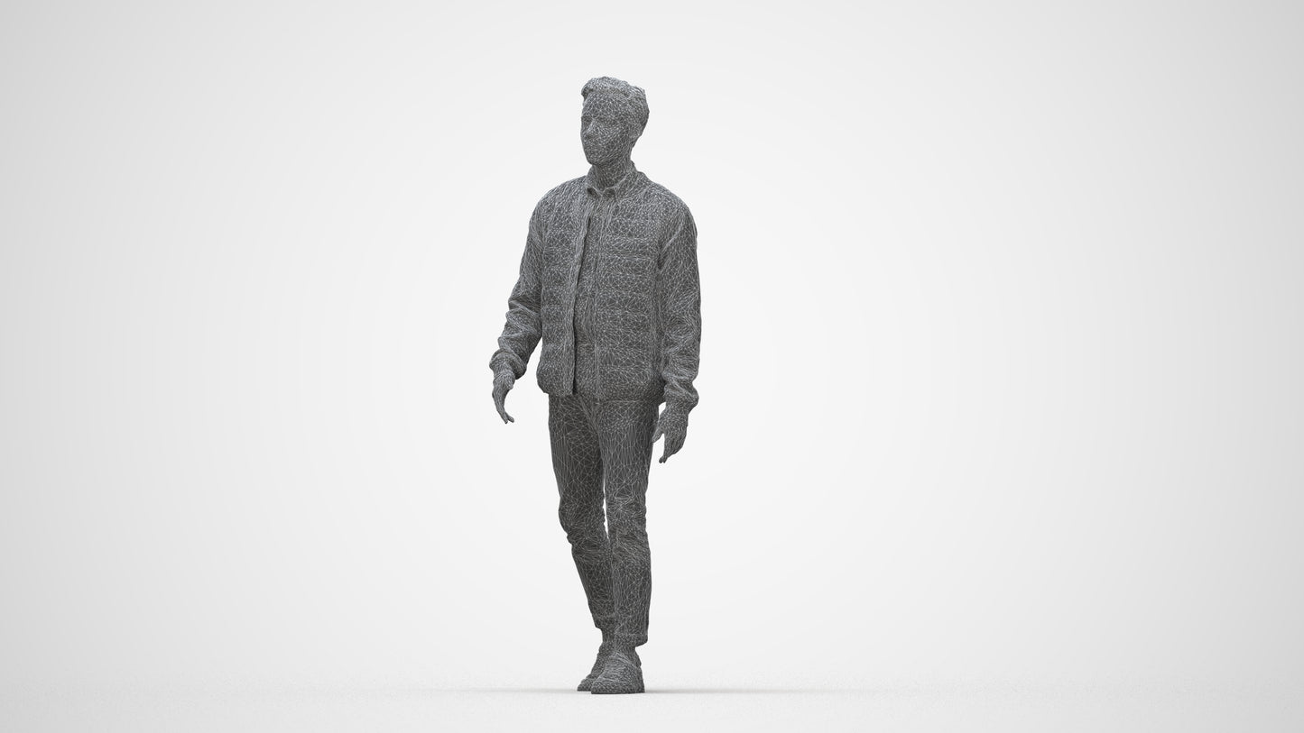 photogrammetry 3D man casual walking, realistic human model archviz FBX, wireframe back view