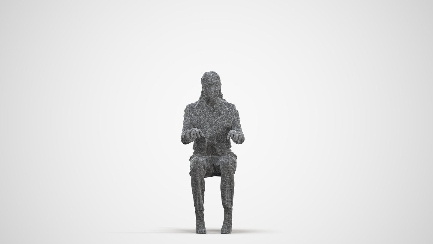 3D human model woman business sitting, photogrammetry scanned person for archviz, three-quarter front view render