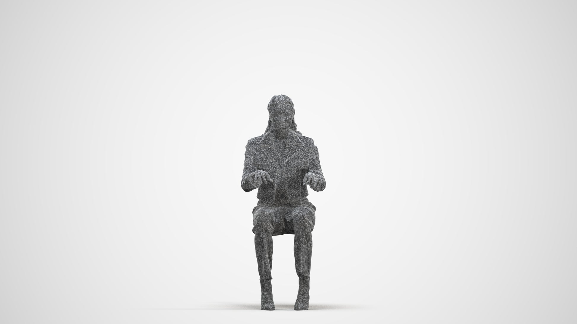3D human model woman business sitting, photogrammetry scanned person for archviz, three-quarter front view render