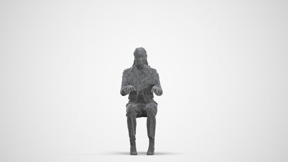 3D human model woman business sitting, photogrammetry scanned person for archviz, three-quarter front view render