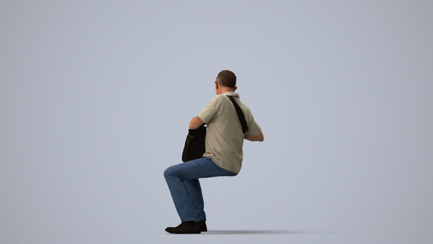 realistic 3D human senior man casual sitting, archviz people FBX OBJ for Blender, three-quarter view render