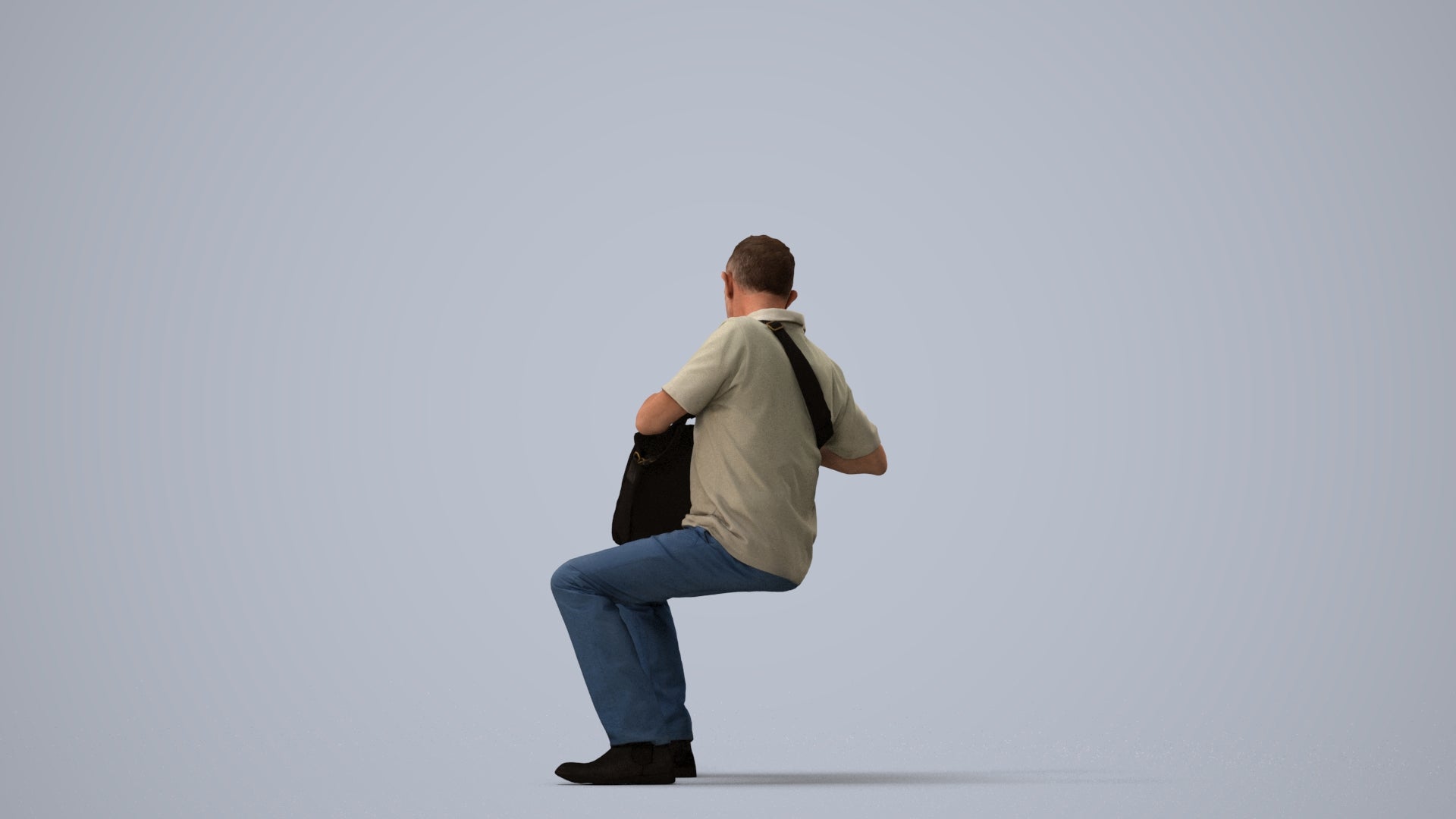 realistic 3D human senior man casual sitting, archviz people FBX OBJ for Blender, three-quarter view render