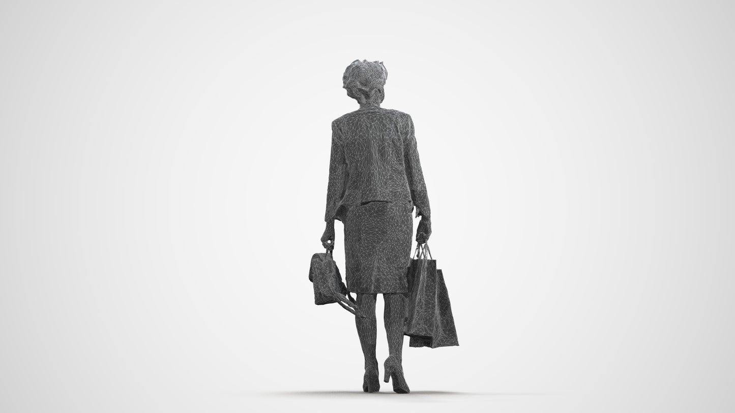 realistic 3D human woman business shopping, archviz people FBX OBJ for Blender, wireframe front view