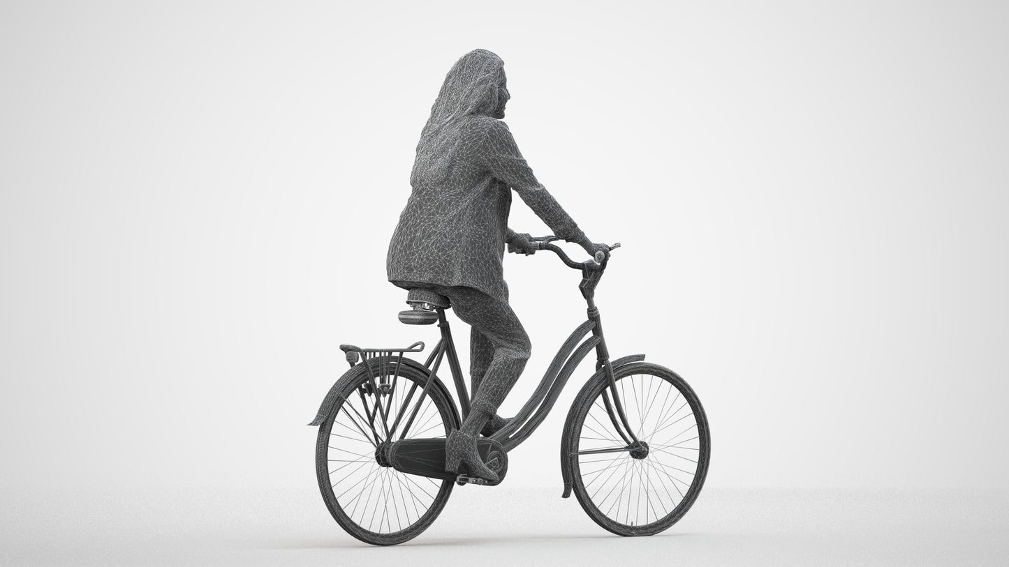 photogrammetry 3D woman business cycling, realistic human model archviz FBX, wireframe side view