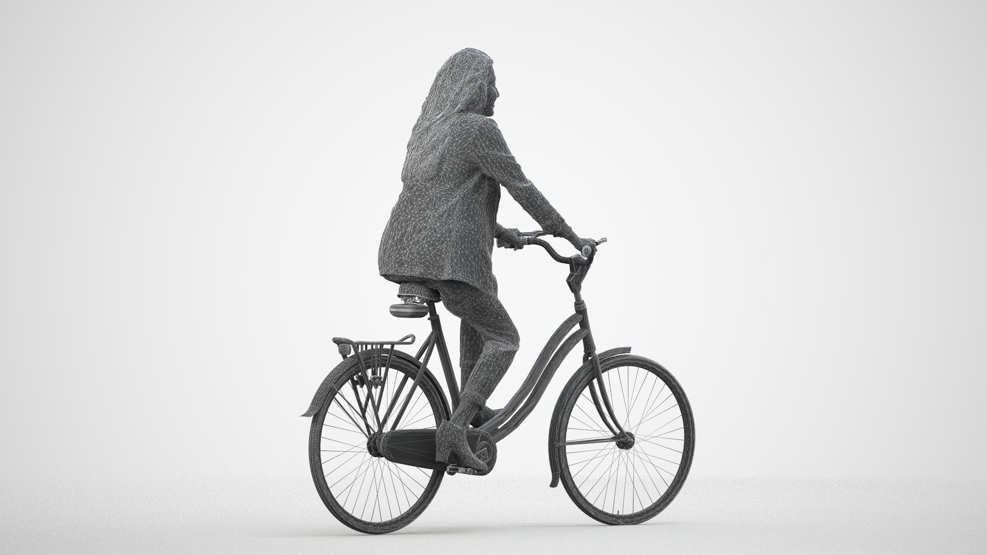 photogrammetry 3D woman business cycling, realistic human model archviz FBX, wireframe side view