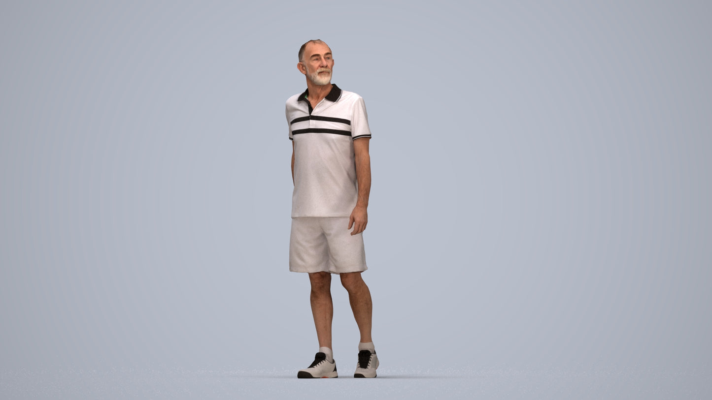 3D human model senior man sport, photogrammetry scanned person for archviz, top-down view render