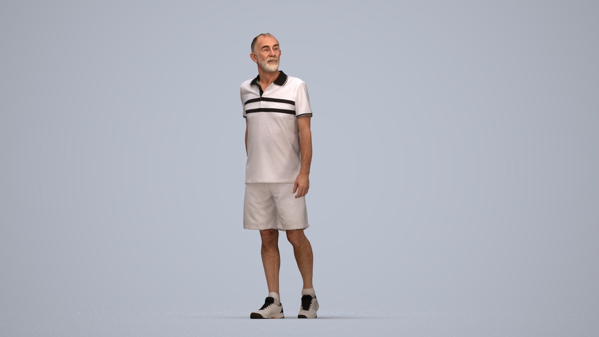 3D human model senior man sport, photogrammetry scanned person for archviz, top-down view render