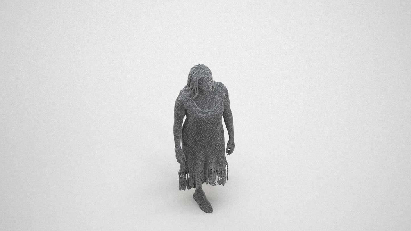 3D human model woman casual standing, photogrammetry scanned person for archviz, wireframe three-quarter view