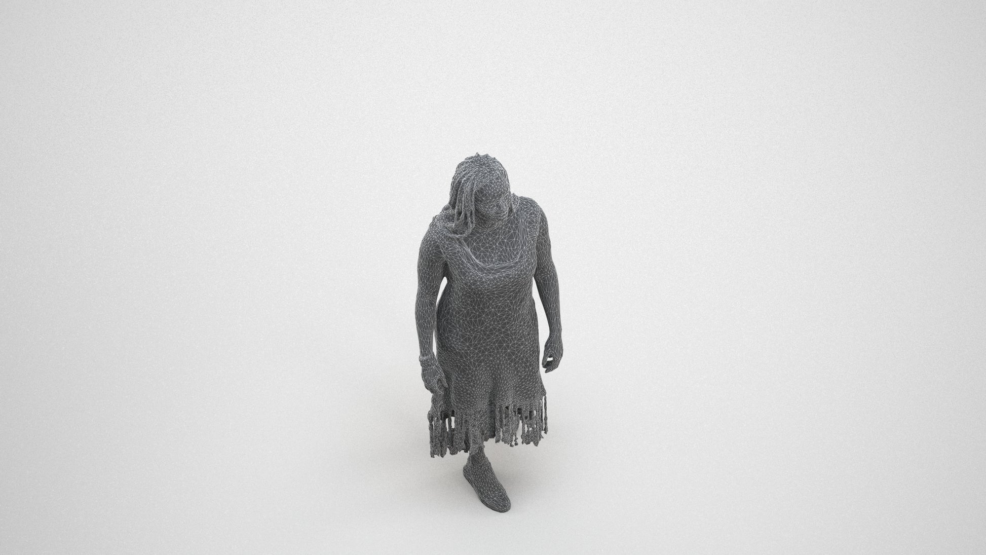 3D human model woman casual standing, photogrammetry scanned person for archviz, wireframe three-quarter view