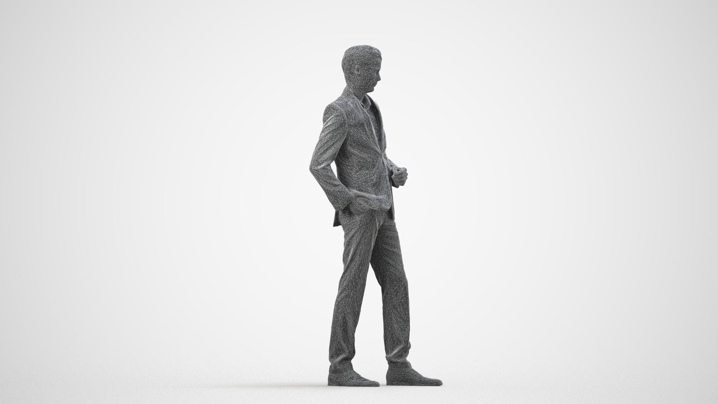 3D scanned man standing business, photorealistic archviz people for Enscape and SketchUp, wireframe side view