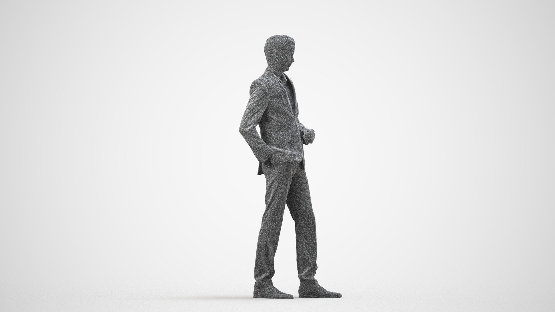 3D scanned man standing business, photorealistic archviz people for Enscape and SketchUp, wireframe side view