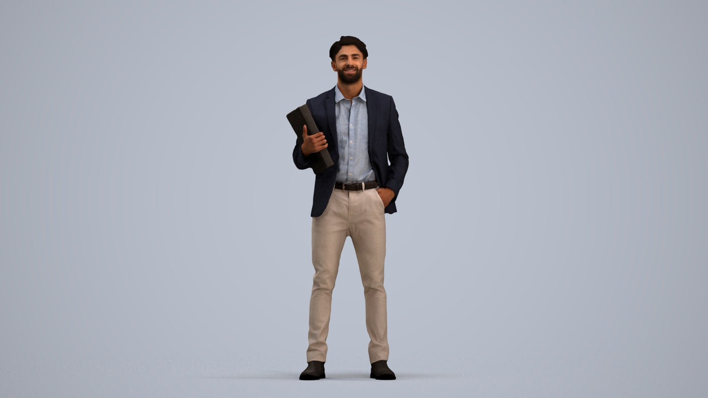 3D human model man business, photogrammetry scanned person for archviz, standing pose render