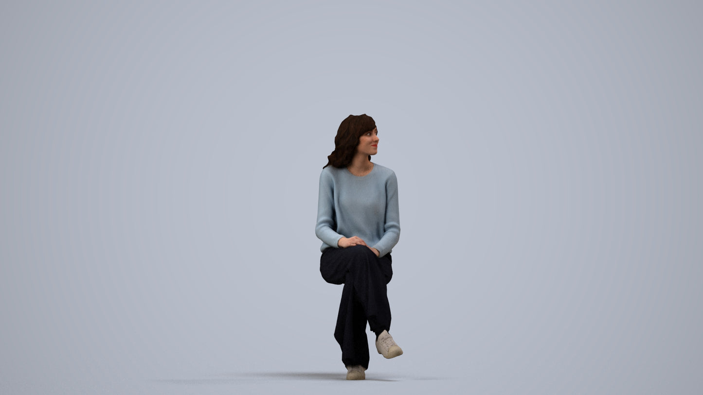 3D human model woman casual sitting, photogrammetry scanned person for archviz, side view render